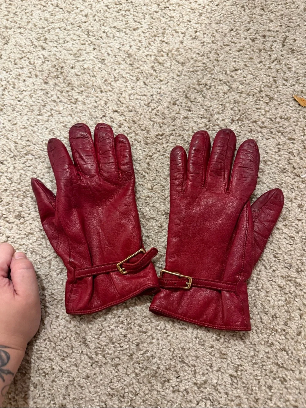 Vintage Coach Red Leather & Cashmere Women's Gloves with Gold Buckle